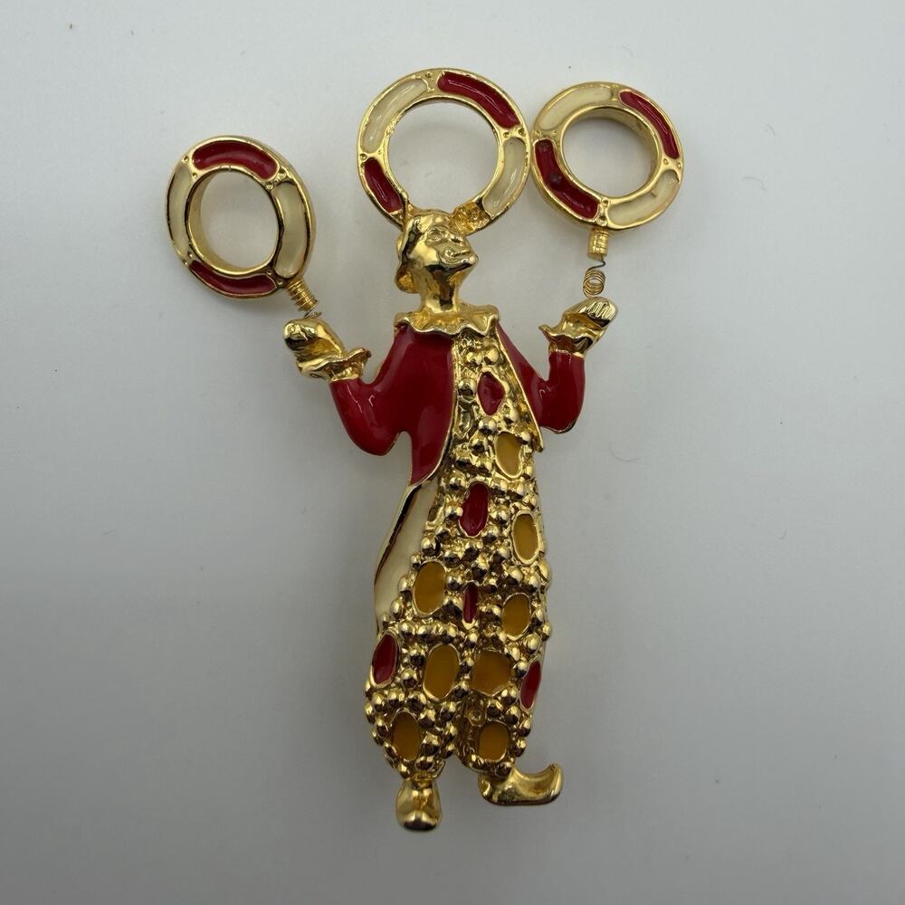 Vintage Juggling Clown Brooch Gold Tone Red Enamel Jester Circus Fun Pin 3.5"